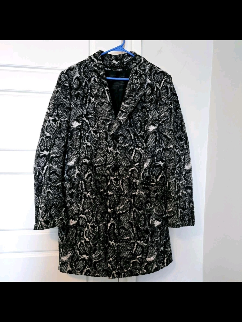 Drykorn Wool Blend Snake Print Topcoat Mens 40 Black Gray Designer Overcoat